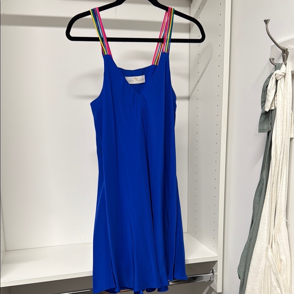 Amanda Uprichard Silk Blue Mini Dress with Multicolor Straps